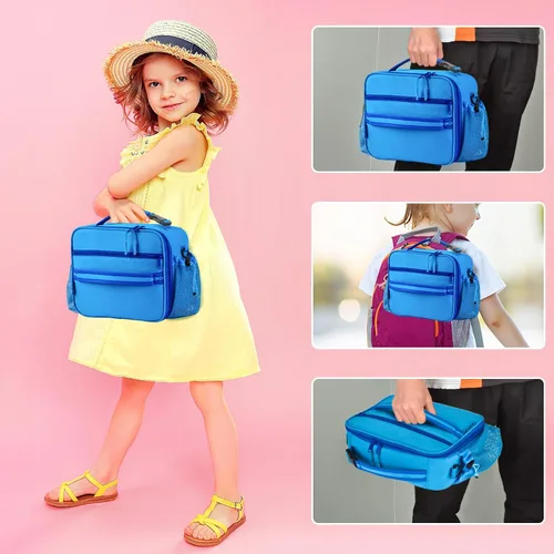 Miniatura 2 de Cerbonny Lonchera infantil para niñas y niños, bolsa de almuerzo aislada con soporte doble para botellas y forro congelable (azul)