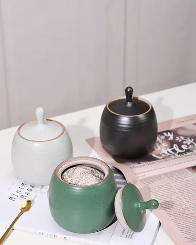 Miniatura 6 de Recipientes de cocina retro, tarro de almacenamiento de alimentos de cerámica de forma redonda con tapa hermética de silicona para té, café, nueces