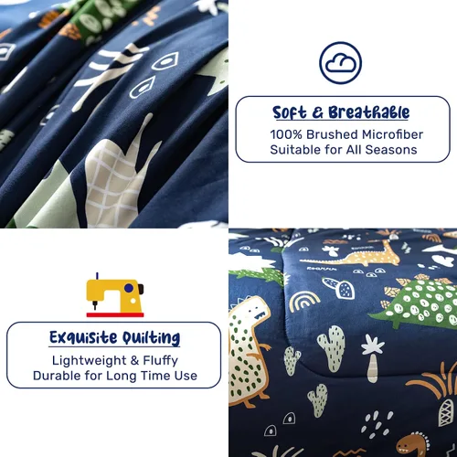 Miniatura 5 de HollyHOME Juego de edredón de 5 piezas para adolescentes en una bolsa con patrón de dinosaurio, juego de ropa de cama para niños, azul