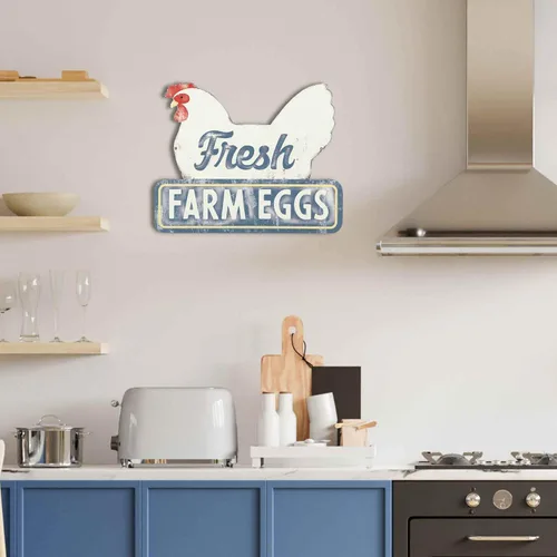 Miniatura 5 de Letrero de metal de huevos de granja frescos, letrero de cocina vintage con gallina y acabado envejecido