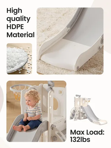 Miniatura 5 de Juego de Tobogán para Niños con Aro de Baloncesto y Telescopio, Tobogán Interior y Exterior para Niños Pequeños y Escalador para Niños y Niñas, Gris