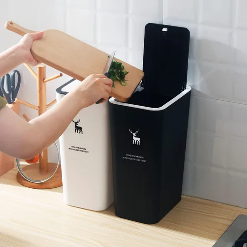 Miniatura 7 de Sooyee Paquete de 3 basureros de baño con tapa de 10 litros/2.6 galones, delgado con tapa desplegable, cesta de basura para baño, tocador, Negro