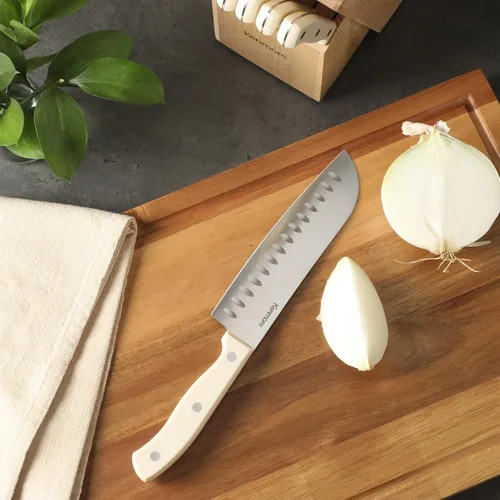 Miniatura 7 de Kenmore Kane - Juego de 14 cuchillos de cocina de acero inoxidable, asas ABS de triple remache, blanco crema, para chef, pan, utilidad, pelar