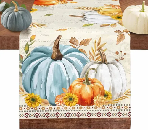 Miniatura 14 de Juego de 4 manteles individuales de otoño con diseño de calabaza azul, hojas florales, manteles individuales de otoño, lavables, cosecha, Acción