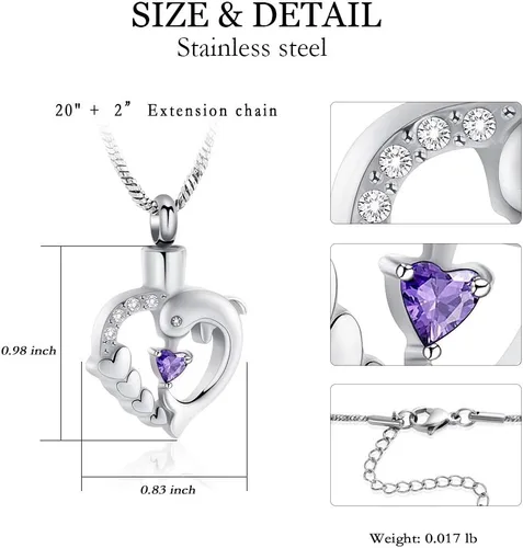 Miniatura 14 de Yinplsmemory Collar de urna de corazón de delfín para cenizas para mujer, colgante de urna de corazón de cristal, collar de recuerdo de cenizas