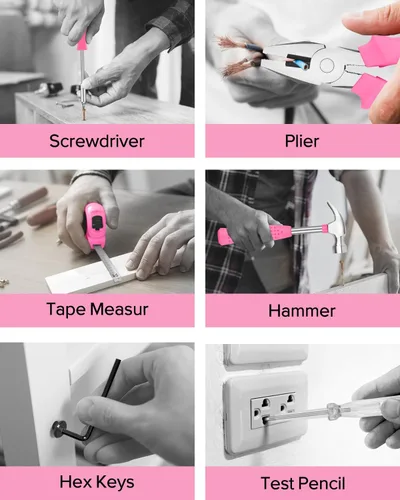 Miniatura 7 de Kit de herramientas de bricolaje para el hogar, oficina y garaje, juego de herramientas de mano pequeñas de reparación general con estuche de Rosa