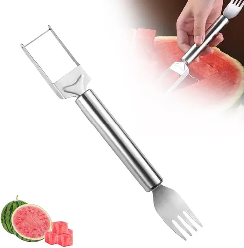 Kruggo Cortador de frutas de acero inoxidable 2 en 1 mejorado, herramienta cortadora de tenedor de sandía 2024, cuchillo cortador de frutas de doble