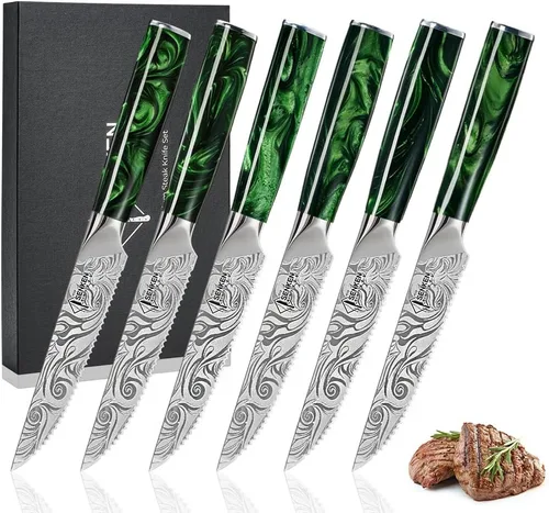 SENKEN - Juego de cuchillos profesionales para carne con hermoso patrón grabado, colección Wasabi, acero de alto carbono dentado afilado y mango de
