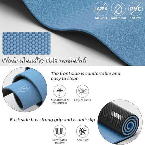 Miniatura 3 de Esterilla de yoga grande de 76" x 40" x 10 mm (2/5 pulgadas) – Extra gruesa y ancha, esterilla de fitness de TPE, esterilla de ejercicios Azul/Negro