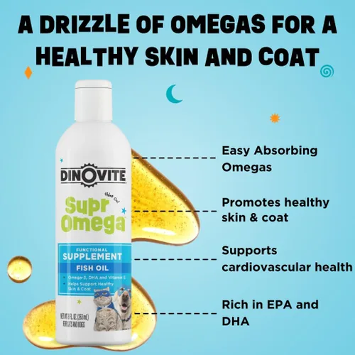 Miniatura 2 de Dinovite SuprOmega Aceite de pescado para perros y gatos – Vitamina E y Omega 3 – Salud de la piel y el pelaje para perros y gatos – 8 onzas