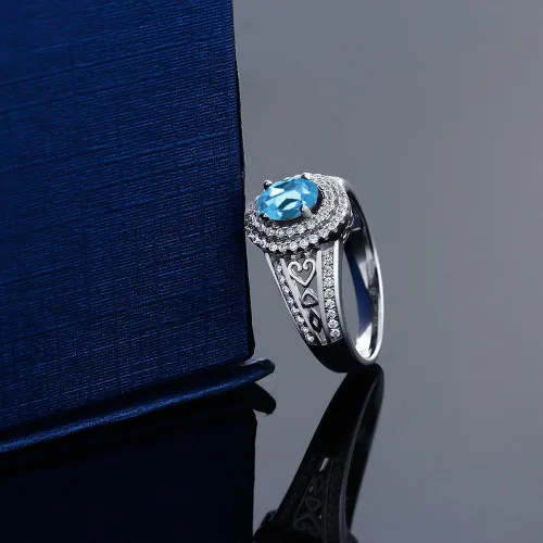 Miniatura 54 de Anillo de compromiso con halo de piedra preciosa y piedra natal en plata chapada en oro amarillo de 18 quilates, ovalado, 0.236 x 0.157 pulgadas