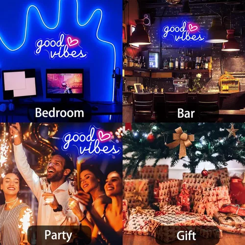 Miniatura 7 de HOHOSIGN Letreros de neón azul de buenas vibraciones para decoración de pared, decoración de habitación estética de luz de neón azul, letrero LED