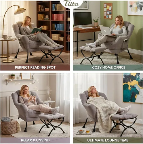 Miniatura 7 de Tiita - Sillón reclinable con otomana, grande, moderno, silla de ocio, de lectura, con reposapiés, para dormitorio, sala de estar, dormitorios, Gris