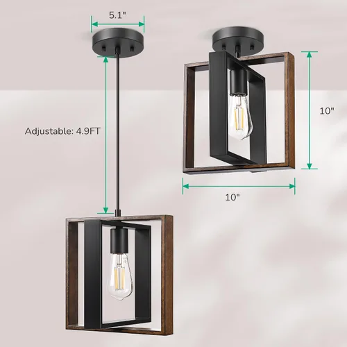 Miniatura 4 de EDISHINE Lámpara Colgante de Estilo Granja, Lámpara Colgante Rústica con Veta de Madera y Acabado Negro, Iluminación Colgante para Isla de Cocina