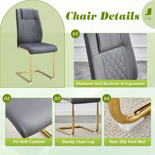 Miniatura 7 de Juego de mesa de comedor para 4, mesa de comedor de mármol sintético de 63 pulgadas con patas y base de acero inoxidable, sillas acolchadas