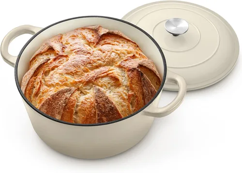 P&P CHEF Horno holandés esmaltado de 5 cuartos de galón, olla holandesa de hierro fundido con tapa para hornear pan, olla esmaltada para asar, Caqui