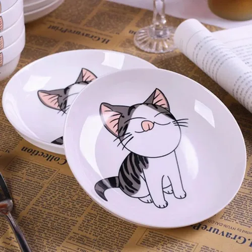 Miniatura 3 de Juego de 5 platos de cerámica con bonito diseño de gato, platos llanos grandes de porcelana para ensalada de postre de 7.28 pulgadas, platos