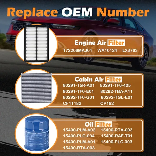 Miniatura 3 de Filtro de aceite 15400-PLM-A02 y filtro de aire de motor 172206MAJ01 y filtro de aire de cabina CF11182 apto para Honda Accord 2.0L Hybrid