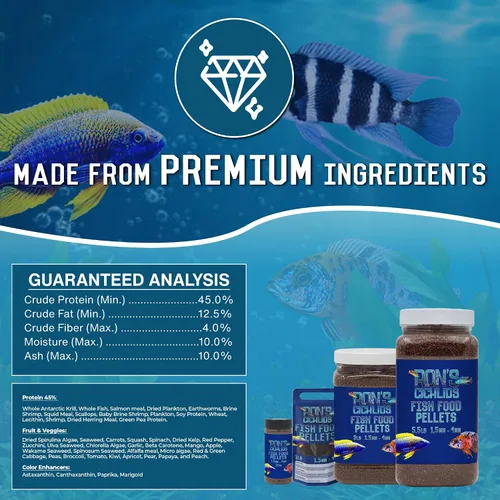 Miniatura 3 de RON'S CICHLIDS Pellets de comida para peces cíclidos africanos para adultos, hechos en Estados Unidos, pellets y palitos de cíclidos de hundimiento