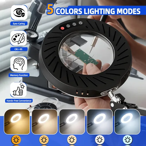 Miniatura 3 de Akynite 12 lupas con luz y soporte, lámpara de escritorio con lupa de cristal real de 144 LED con base y abrazadera, 5 modos de color, lupa