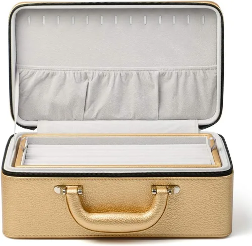 Miniatura 3 de Oirlv Joyero de cuero dorado hecho a mano organizador de joyas de viaje estuche de almacenamiento para aretes anillos collares dijes relojes