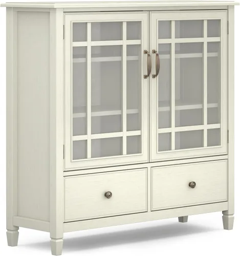 SIMPLIHOME Connaught Armario de almacenamiento – Armario alto de madera maciza de 46 pulgadas de ancho en blanco antiguo, consola tradicional para