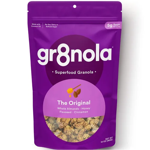 gr8nola The Original - Cereal de granola saludable y bajo en azúcar, fabricado con superalimentos, almendras enteras, miel, canela y linaza, sin