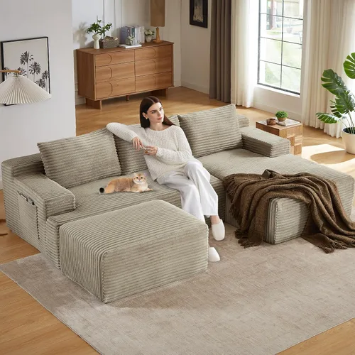 Miniatura 60 de Sofá modular de 95 pulgadas con otomana, moderno sofá nube de pana con asiento profundo, sofá sin hueso tapizado de 3 plazas en forma de U para sala