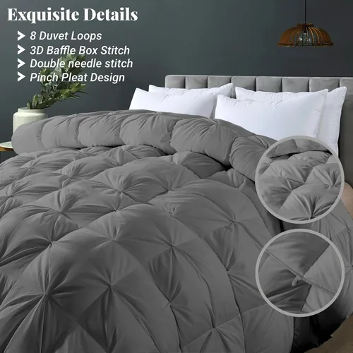 Miniatura 2 de ELNIDO QUEEN® Edredón de Plumas Tamaño Queen, Relleno de Edredón, Lujoso Edredón Esponjoso Gris de Hotel con Pliegues Pinzados para Cama - Funda