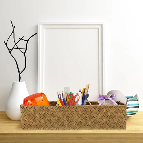 Miniatura 2 de FOMIYES Caja de almacenamiento de mimbre con 3 compartimentos, organizador de escritorio rectangular para almacenamiento en el hogar y lavandería