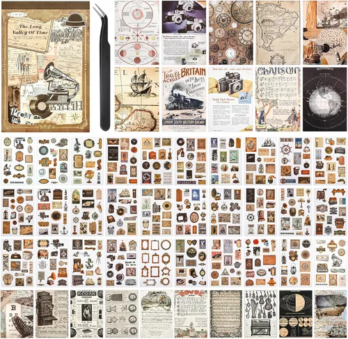 Pegatinas Estéticas Vintage, Libro de 50 Hojas de Pegatinas Washi para Adultos, 30 Hojas de Pegatinas para Álbum de Recortes y 20 Hojas de Papel El
