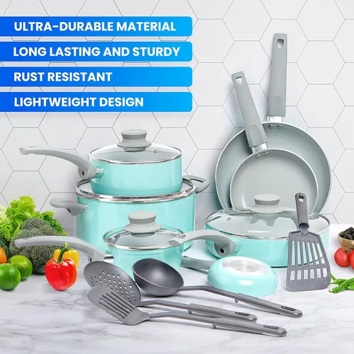 Miniatura 2 de Mueller Juego de utensilios de cocina de piedra antiadherente de 16 piezas con vaporera y tapas de vidrio, turquesa
