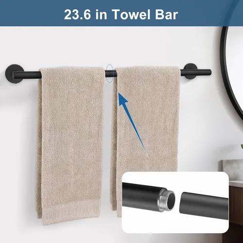 Miniatura 2 de Juego de 5 accesorios de baño negro mate, juego de toallero de 23.6 pulgadas, soporte de papel higiénico de acero inoxidable, toalleros redondos