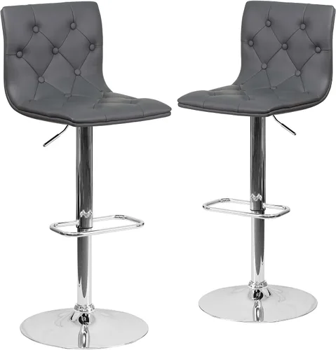 Miniatura 17 de Flash Furniture Taburete de bar contemporáneo de vinilo gris capitoné con botones y altura ajustable con base cromada