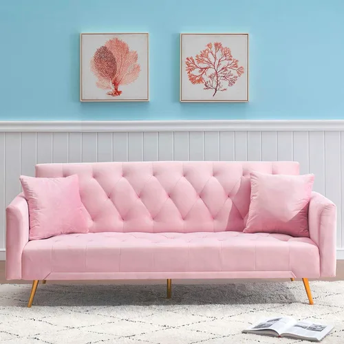 Miniatura 13 de Majnesvon Sofá cama plegable convertible de 71 pulgadas, moderno sofá biplaza de terciopelo con 2 almohadas, sofá cama futón con colchón y marco Azul