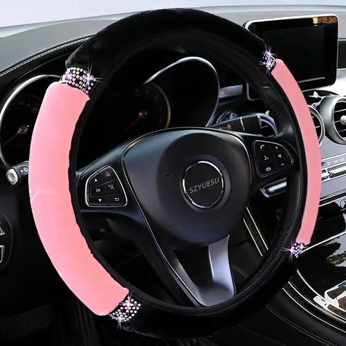 Miniatura 7 de Funda para volante de diamante esponjoso con diamantes de imitación de colores para mujeres y niñas, protector elástico universal de 15 pulgadas