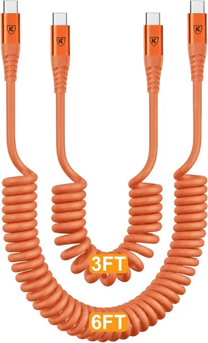 Miniatura 8 de Cable USB C a C de 3 pies, paquete de 2 cables de carga USB C en espiral para automóvil tipo C, cable de carga rápida para iPhone