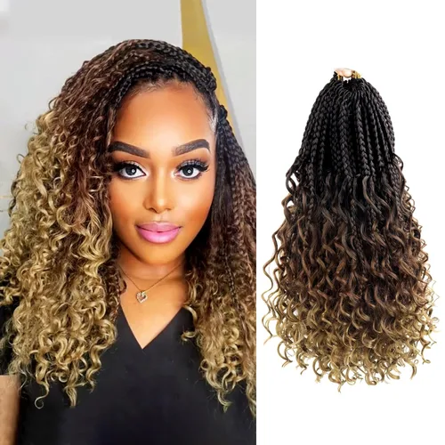 Miniatura 119 de Goddess Box Braids - Trenzas de cabello a ganchillo con extremos rizados, trenzas de caja bohemianas de 16 pulgadas, trenzas de ganchillo, 8 1B-4-30