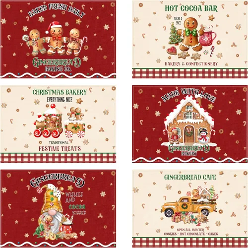 Miniatura 8 de Juego de 6 manteles individuales de Navidad, manteles de mesa a cuadros de búfalo para Navidad Feliz, tapete de cocina para mesa de comedor, tapete