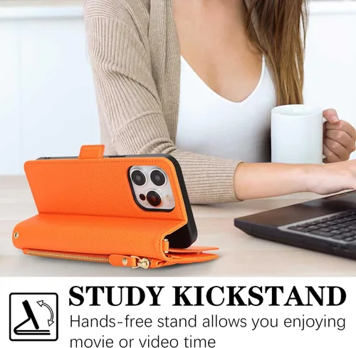 Miniatura 5 de Funda compatible con iPhone 13 Pro Max para Apple 12 Pro Max, piel sintética naranja, rombo para mujeres y hombres, bolsillo con cremallera