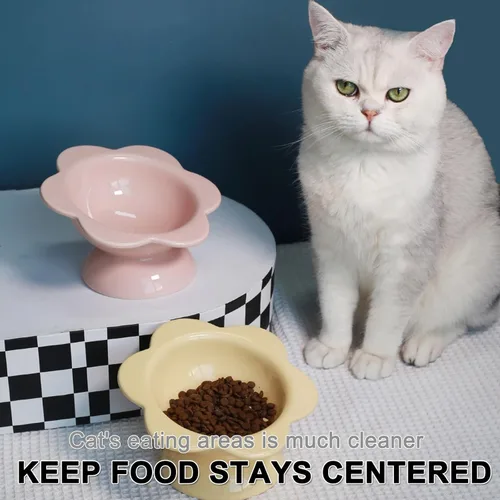 Miniatura 7 de Cuenco elevado de cerámica para gatos, Tazón de comida elevado inclinado de 15° para gatos, Alimentador para mascotas en forma de flor de porcelana