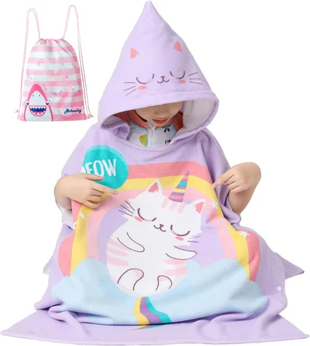 Miniatura 16 de Toalla de playa con capucha de microfibra ligera para niños, niños pequeños, baño / alberca / poncho de natación, encima del traje de baño.