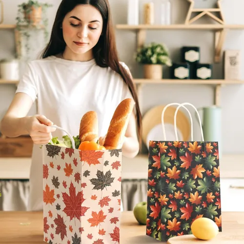 Miniatura 4 de Tenceur 24 bolsas de regalo de otoño de papel kraft a granel, bolsas de regalo naranja, elementos de hoja de arce, bolsas de dulces con asas
