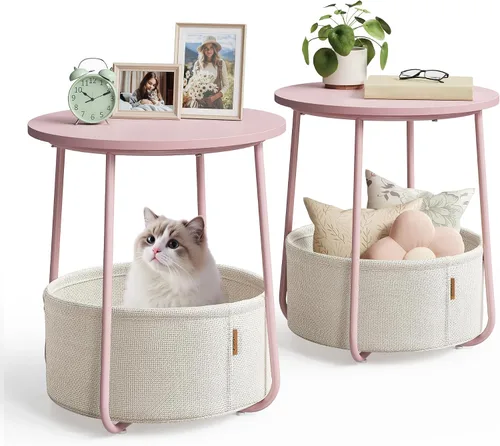 Miniatura 9 de VASAGLE Mesitas de noche, Juego de 2 Pequeñas Mesas Redondas con Cesta de Tela, Mesas de Noche, para Dormitorio, Gris Cemento y Blanco Crema