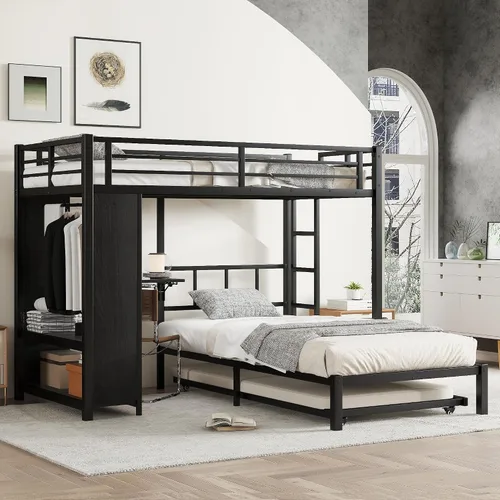 Miniatura 11 de Full Over Twin Bunk Bed with Trundle and Ladders, Metal Bunk Bed Frame with Built-in Foldable Desk & Wardrobe, Space-Saving Beds for Kids Teens