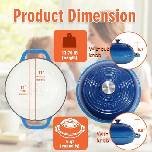 Miniatura 4 de Horno de pan de hierro fundido esmaltado, horno holandés de 6 cuartos de galón para hornear pan de masa madre, kit de sartén esmaltada de 11
