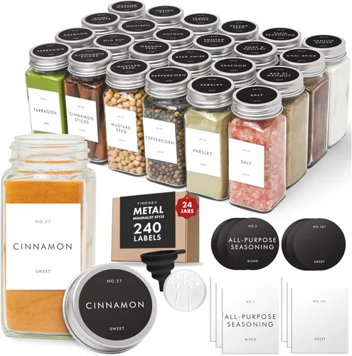 Frascos de especias de vidrio con etiquetas con tapas de metal y agitadores minimalistas, juego de 24 unidades, botellas pequeñas transparentes