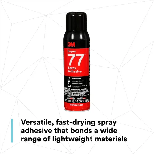 Miniatura 3 de 3M Super 77 Adhesivo en aerosol multiuso permanente, papel, cartón, tela, plástico, metal, madera, Peso neto 13.44 oz