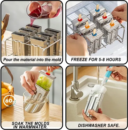 Miniatura 2 de Juego de 6 moldes de paletas de acero inoxidable, moldes de metal para paletas, máquina casera para hacer golosinas de hielo con 50 palos de madera