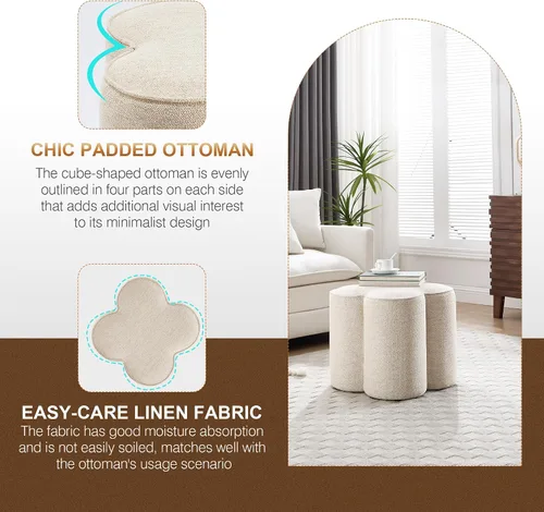 Miniatura 4 de Zesthouse Juego de 2 puf otomanos de flores, reposapiés de tela de lino beige para sofá, taburetes modernos para sala de estar, bonita otomana